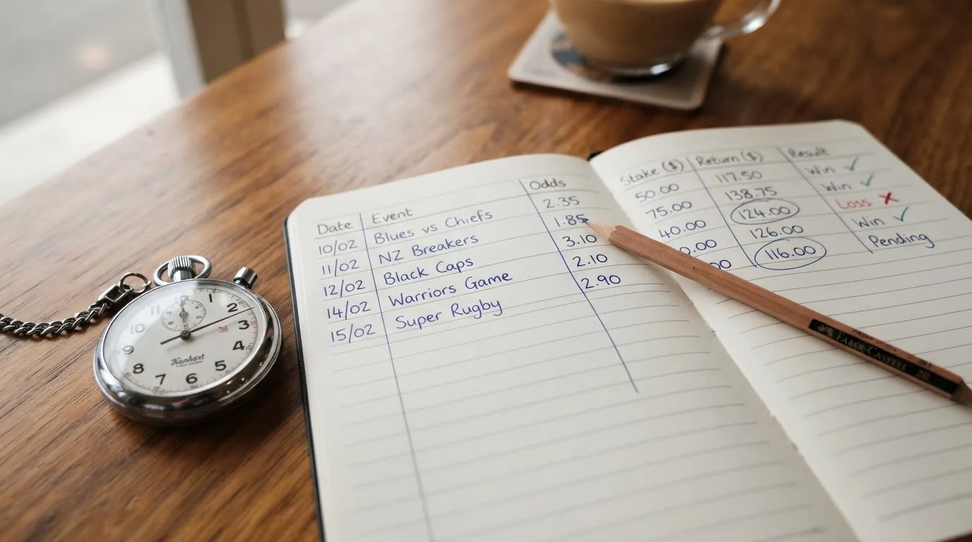 An open notebook with a pencil and a stopwatch on a wooden table