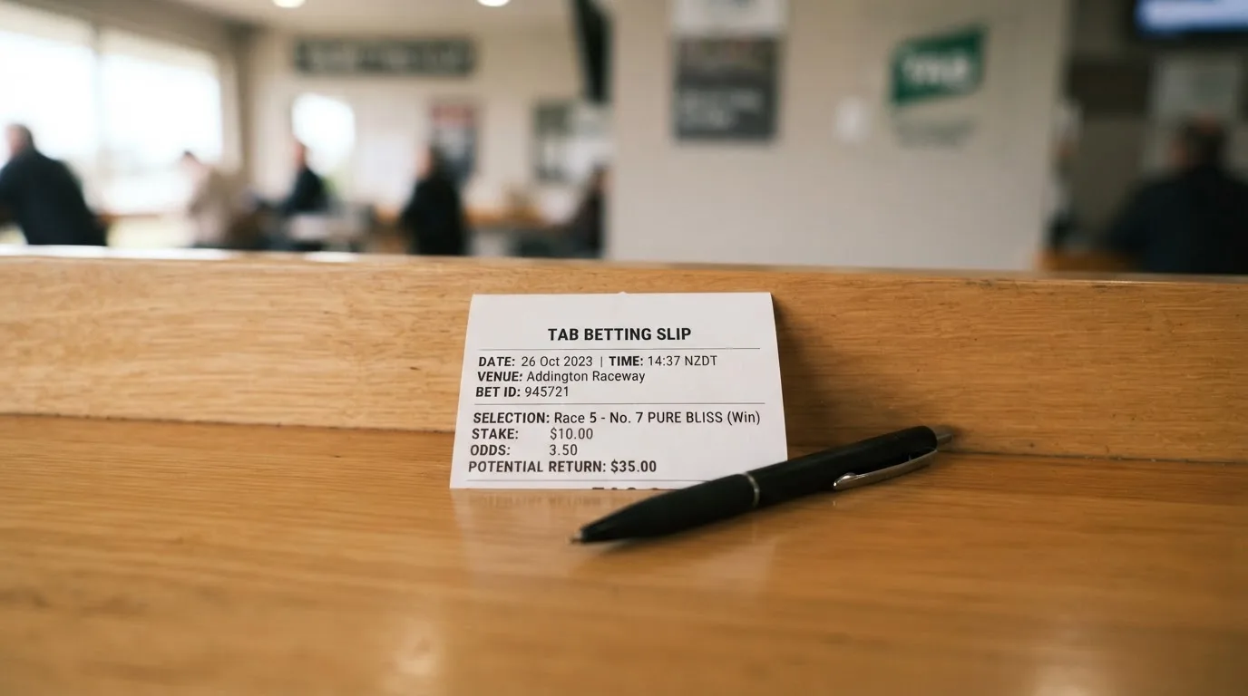 A blank paper betting slip beside a pen on a wooden counter
