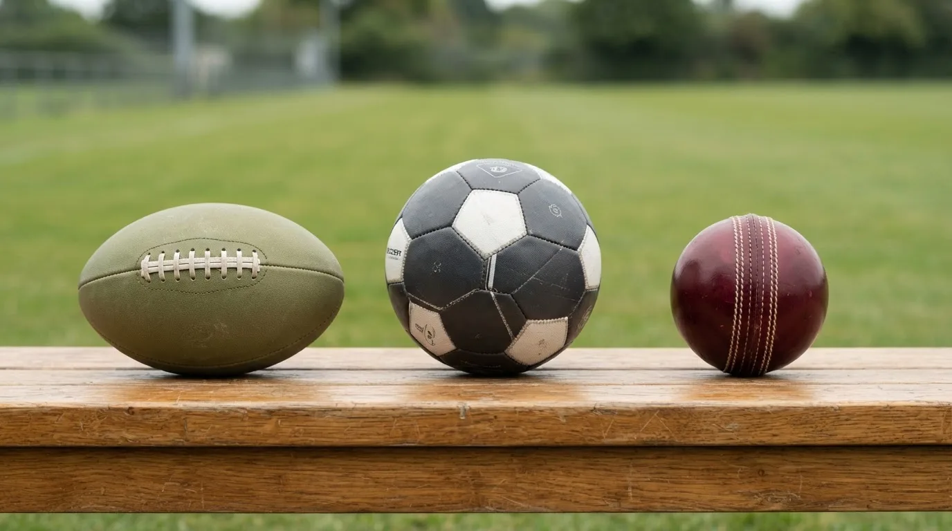 Three balls of different kinds side by side on a wooden bench
